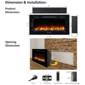 Lareira Elétrica de Embutir A50x101L, com Controle Remoto, 1500W, 110v, PURAFLAME EF172B, Preto