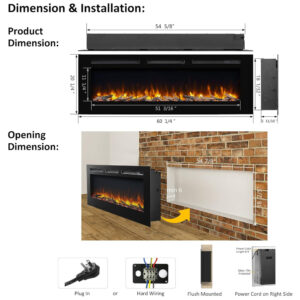 Lareira Elétrica de Embutir A50x152L, com Controle Remoto, 1500W, 110v, PURAFLAME EF174B, Preto