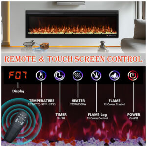 ectq1wh27y1d0b_2 jpg - Lareira Elétrica de Embutir A54x161L cm com 13 Cores de Chama Ajustáveis, Termostato, Temporizador, Controle Remoto e Digital, Conjunto de Toras e Cristal, 110V 1500W, Mystflame, Preta