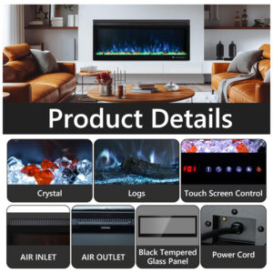 ectq1wh27y1d0b_4 jpg - Lareira Elétrica de Embutir A54x161L cm com 13 Cores de Chama Ajustáveis, Termostato, Temporizador, Controle Remoto e Digital, Conjunto de Toras e Cristal, 110V 1500W, Mystflame, Preta