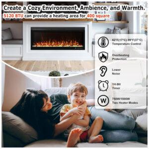 ectq1wh27y1d0b_5 jpg - Lareira Elétrica de Embutir A54x161L cm com 13 Cores de Chama Ajustáveis, Termostato, Temporizador, Controle Remoto e Digital, Conjunto de Toras e Cristal, 110V 1500W, Mystflame, Preta