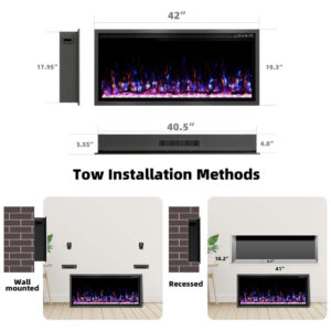 ectq23zy44pd0b_6 jpg - Lareira Elétrica de 107 cm, Ultrafina, Embutida ou de Parede, Troncos, Madeira Flutuante ou Cristais, Controle Remoto, Termostato,Timer,Kucreiheat