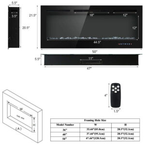 Lareira Elétrica de Embutir A54x127L cm com 9 Cores de Chamas, Controle de Temperatura, Temporizador e Controle Digital, 110V 1500W, Tangkula, Preta