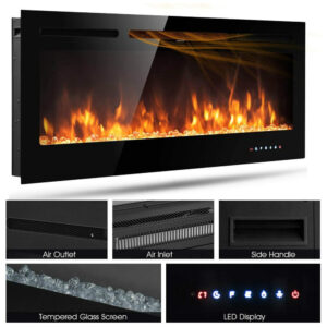 Lareira Elétrica de Embutir A54x127L cm com 9 Cores de Chamas, Controle de Temperatura, Temporizador e Controle Digital, 110V 1500W, Tangkula, Preta