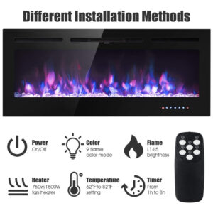 Lareira Elétrica de Embutir A54x127L cm com 9 Cores de Chamas, Controle de Temperatura, Temporizador e Controle Digital, 110V 1500W, Tangkula, Preta