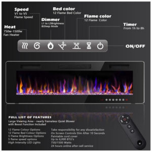 ectq2dbh36q90b_3 jpg - Lareira Elétrica de Embutir A45x182L com Controle Remoto, Temporizador e Chamas Ajustavel, 110V, BOSSIN, Preta