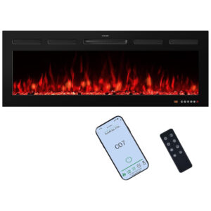 Lareira Elétrica de Embutir A45x121L cm com Chamas Multicoloridas, Temporizador 9H, Controle Remoto e Digital, 110V 1500W, VINEMOUNT, Preta