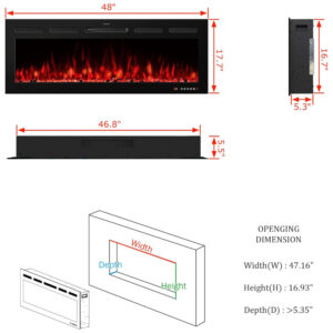 Lareira Elétrica de Embutir A45x121L cm com Chamas Multicoloridas, Temporizador 9H, Controle Remoto e Digital, 110V 1500W, VINEMOUNT, Preta