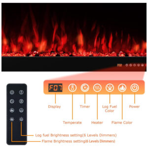 Lareira Elétrica de Embutir A45x121L cm com Chamas Multicoloridas, Temporizador 9H, Controle Remoto e Digital, 110V 1500W, VINEMOUNT, Preta