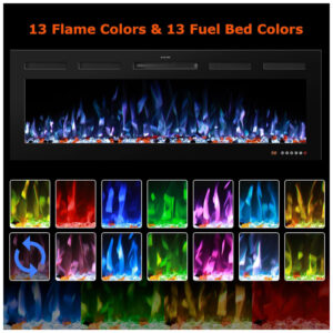 Lareira Elétrica de Embutir A45x121L cm com Chamas Multicoloridas, Temporizador 9H, Controle Remoto e Digital, 110V 1500W, VINEMOUNT, Preta
