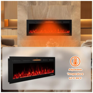Lareira Elétrica de Embutir A45x121L cm com Chamas Multicoloridas, Temporizador 9H, Controle Remoto e Digital, 110V 1500W, VINEMOUNT, Preta
