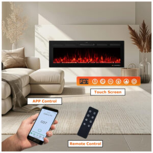 Lareira Elétrica de Embutir A45x121L cm com Chamas Multicoloridas, Temporizador 9H, Controle Remoto e Digital, 110V 1500W, VINEMOUNT, Preta
