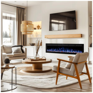 Lareira Elétrica de Embutir A45x121L cm com Chamas Multicoloridas, Temporizador 9H, Controle Remoto e Digital, 110V 1500W, VINEMOUNT, Preta