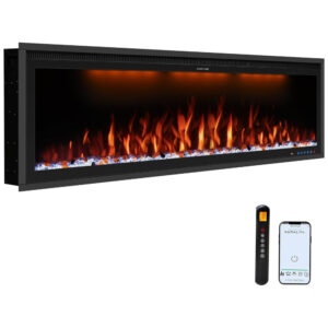 Lareira Elétrica de Embutir A42x106L cm com Controle Remoto por APP, Temporizador, Toras e Cristais Incluídos, 110V 1500W, Benrocks BI42Z, Preta