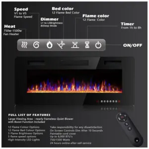 ectq2k7txzk80b_3 jpg - Lareira Elétrica BOSSIN de Embutir Ultrafina A45x106L com Controle Remoto e Digital, Luz LED, Chama Ajustável 110V, 1500W, Preta