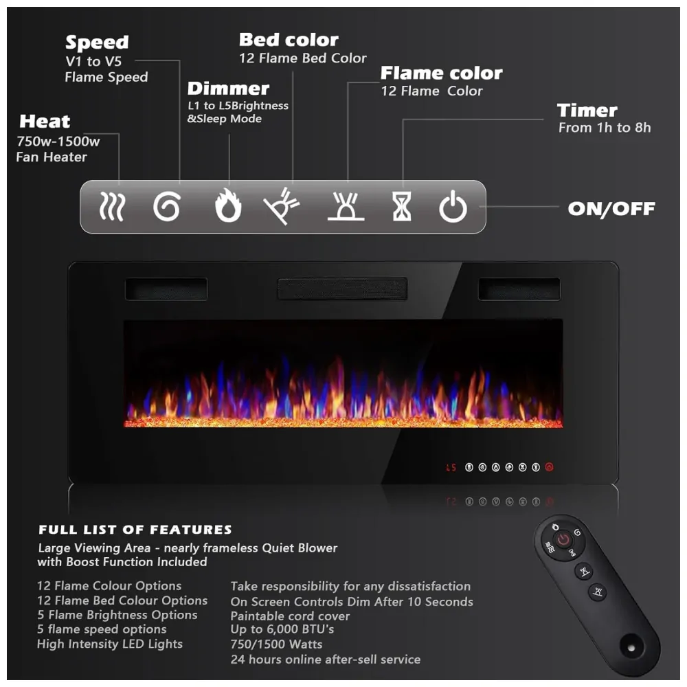 ectq2k7txzk80b_3 jpg - Lareira Elétrica BOSSIN de Embutir Ultrafina A45x106L com Controle Remoto e Digital, Luz LED, Chama Ajustável 110V, 1500W, Preta