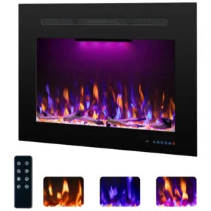Lareira Elétrica de Embutir A53x90L cm com Temporizador, Controle Remoto, Som de Fogo, Toras e Cristais Incluso, 110V 1500W, RODALFLAME, Preta