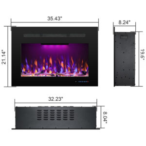 Lareira Elétrica de Embutir A53x90L cm com Temporizador, Controle Remoto, Som de Fogo, Toras e Cristais Incluso, 110V 1500W, RODALFLAME, Preta