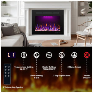 Lareira Elétrica de Embutir A53x90L cm com Temporizador, Controle Remoto, Som de Fogo, Toras e Cristais Incluso, 110V 1500W, RODALFLAME, Preta