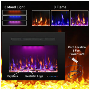 Lareira Elétrica de Embutir A53x90L cm com Temporizador, Controle Remoto, Som de Fogo, Toras e Cristais Incluso, 110V 1500W, RODALFLAME, Preta
