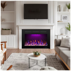 Lareira Elétrica de Embutir A53x90L cm com Temporizador, Controle Remoto, Som de Fogo, Toras e Cristais Incluso, 110V 1500W, RODALFLAME, Preta