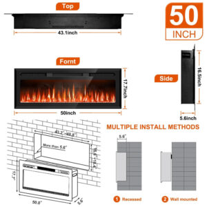 ectq3574fr7b0b_1 jpg - Lareira Elétrica de Embutir Ultrafina A44x127L cm com Temporizador, 12 Cores de Chamas e Controle Remoto, 110V 1500W, Sixfivsevn, Preta