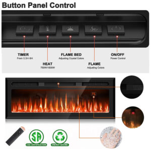 ectq3574fr7b0b_2 jpg - Lareira Elétrica de Embutir Ultrafina A44x127L cm com Temporizador, 12 Cores de Chamas e Controle Remoto, 110V 1500W, Sixfivsevn, Preta