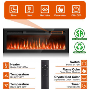 ectq3574fr7b0b_3 jpg - Lareira Elétrica de Embutir Ultrafina A44x127L cm com Temporizador, 12 Cores de Chamas e Controle Remoto, 110V 1500W, Sixfivsevn, Preta