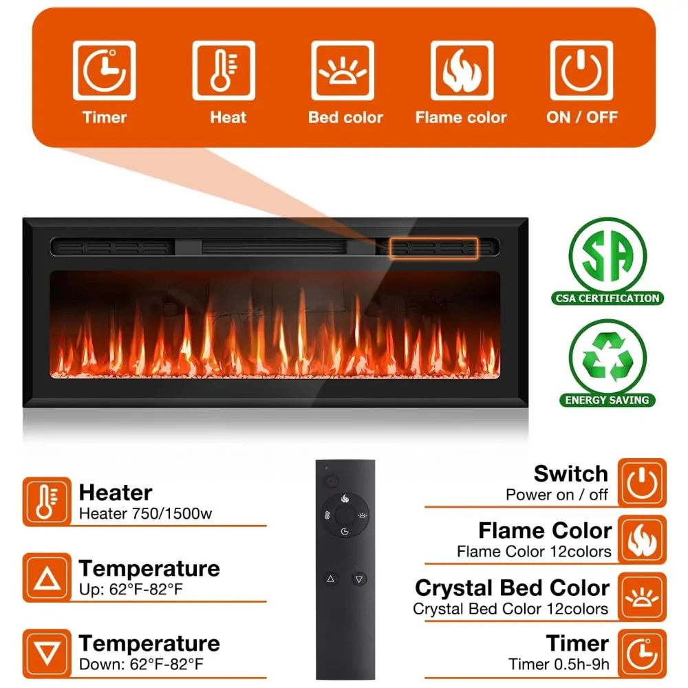 ectq3574fr7b0b_3 jpg - Lareira Elétrica de Embutir Ultrafina A44x127L cm com Temporizador, 12 Cores de Chamas e Controle Remoto, 110V 1500W, Sixfivsevn, Preta