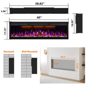 Lareira Elétrica de Embutir A45x152L com Controle Remoto e Digital, Luz LED, Chama Ajustável 1500W, 110v, MYSTFLAME, Preto
