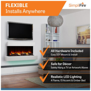 ectq3rhvztq90b_2 jpg - Lareira Elétrica de Parede Flutuante A59x110L cm com Controle Remoto, 110V, SIMPLIFIRE, Branca
