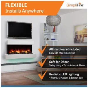 ectq3rhvztq90b_2 jpg - Lareira Elétrica de Parede Flutuante A59x110L cm com Controle Remoto, 110V, SIMPLIFIRE, Branca