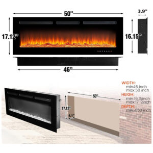ectq3v21496c0b_6 jpg - Lareira Elétrica de Embutir A43x127L cm com Temporizador, Controle Remoto e Chama Ajustável de 12 Cores, 110V 1500W, Oneinmil, Preta