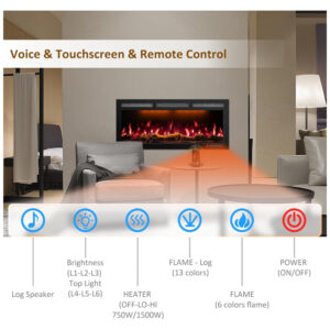 Lareira Elétrica de Embutir A45x152L com Controle Remoto e Tela Sensível ao Toque, 110V 1500W, Mystflame, Preta