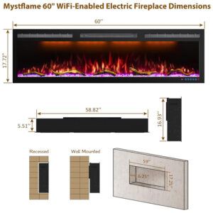 Lareira Elétrica de Embutir A45x152L com Controle Remoto e Tela Sensível ao Toque, 110V 1500W, Mystflame, Preta