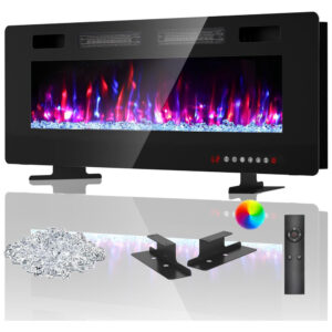 Lareira Elétrica de Embutir A45x127L cm com Temporizador, Controle Remoto e Digital, 110V 1500W, BREEZEHEAT, Preta