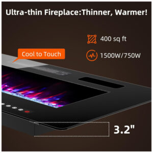 Lareira Elétrica de Embutir A45x127L cm com Temporizador, Controle Remoto e Digital, 110V 1500W, BREEZEHEAT, Preta