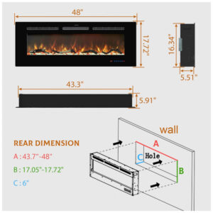 Lareira Elétrica de Embutir A44x121L com Controle Remoto, Tela Sensível ao Toque e Chamas Multicoloridas, 110V 1500W, Kentsky, Preta