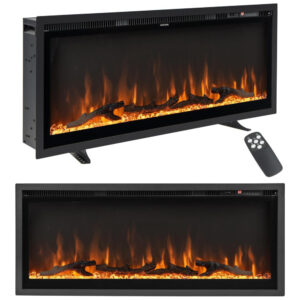 Lareira Elétrica de Embutir A44x106L cm com Controle Remoto, Cor e Brilho Ajustáveis, 110V 1500W, Tangkula, Preta