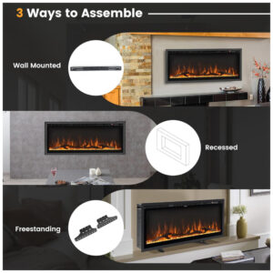 Lareira Elétrica de Embutir A44x106L cm com Controle Remoto, Cor e Brilho Ajustáveis, 110V 1500W, Tangkula, Preta