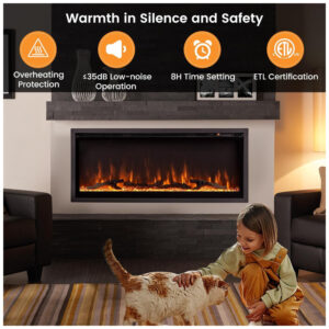 Lareira Elétrica de Embutir A44x106L cm com Controle Remoto, Cor e Brilho Ajustáveis, 110V 1500W, Tangkula, Preta