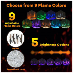 Lareira Elétrica de Embutir A44x106L com Termostato, 9 Cores de Chamas, Controle Remoto e Temporizador, 110V 1500W, ORALNER, Preta