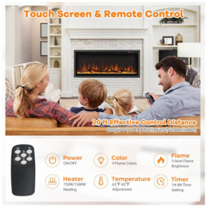 Lareira Elétrica de Embutir A44x106L com Termostato, 9 Cores de Chamas, Controle Remoto e Temporizador, 110V 1500W, ORALNER, Preta