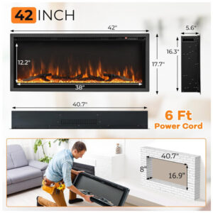 Lareira Elétrica de Embutir A44x106L com Termostato, 9 Cores de Chamas, Controle Remoto e Temporizador, 110V 1500W, ORALNER, Preta