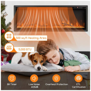 Lareira Elétrica de Embutir A44x106L com Termostato, 9 Cores de Chamas, Controle Remoto e Temporizador, 110V 1500W, ORALNER, Preta