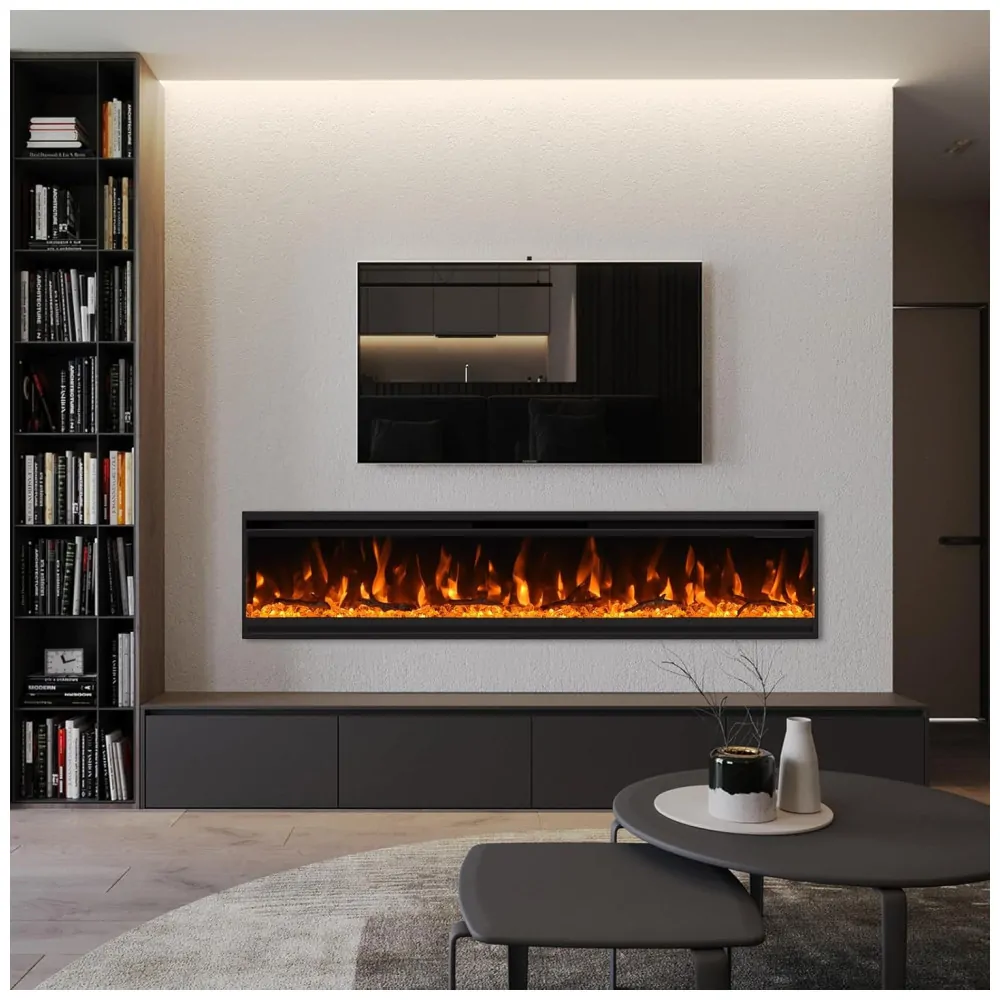 Lareira Elétrica de Embutir A34x152L cm com Estrutura Ultrafina, Controle Remoto e Digital, 110V 1500W, Cooboom EF2030C, Preta