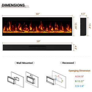 Lareira Elétrica de Embutir A34x152L cm com Estrutura Ultrafina, Controle Remoto e Digital, 110V 1500W, Cooboom EF2030C, Preta