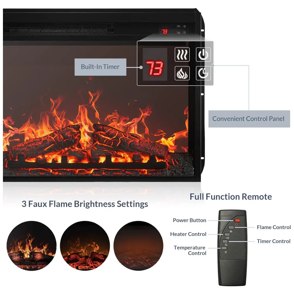 Lareira Elétrica de Embutir A45x60L cm com Brilho Ajustável, Temporizador e Controle Remoto, 110V 1400W, BELLEZE, Preta