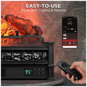 Lareira Elétrica Ecológica 66 cm com Controle Remoto, Toras de Pinho Realista, Cores de Chama Ajustáveis, WiFi e Som Crepitante, 110V 1500W, TURBRO, Preta
