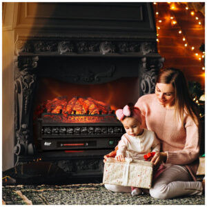 Lareira Elétrica Ecológica 66 cm com Controle Remoto, Toras de Pinho Realista, Cores de Chama Ajustáveis, WiFi e Som Crepitante, 110V 1500W, TURBRO, Preta